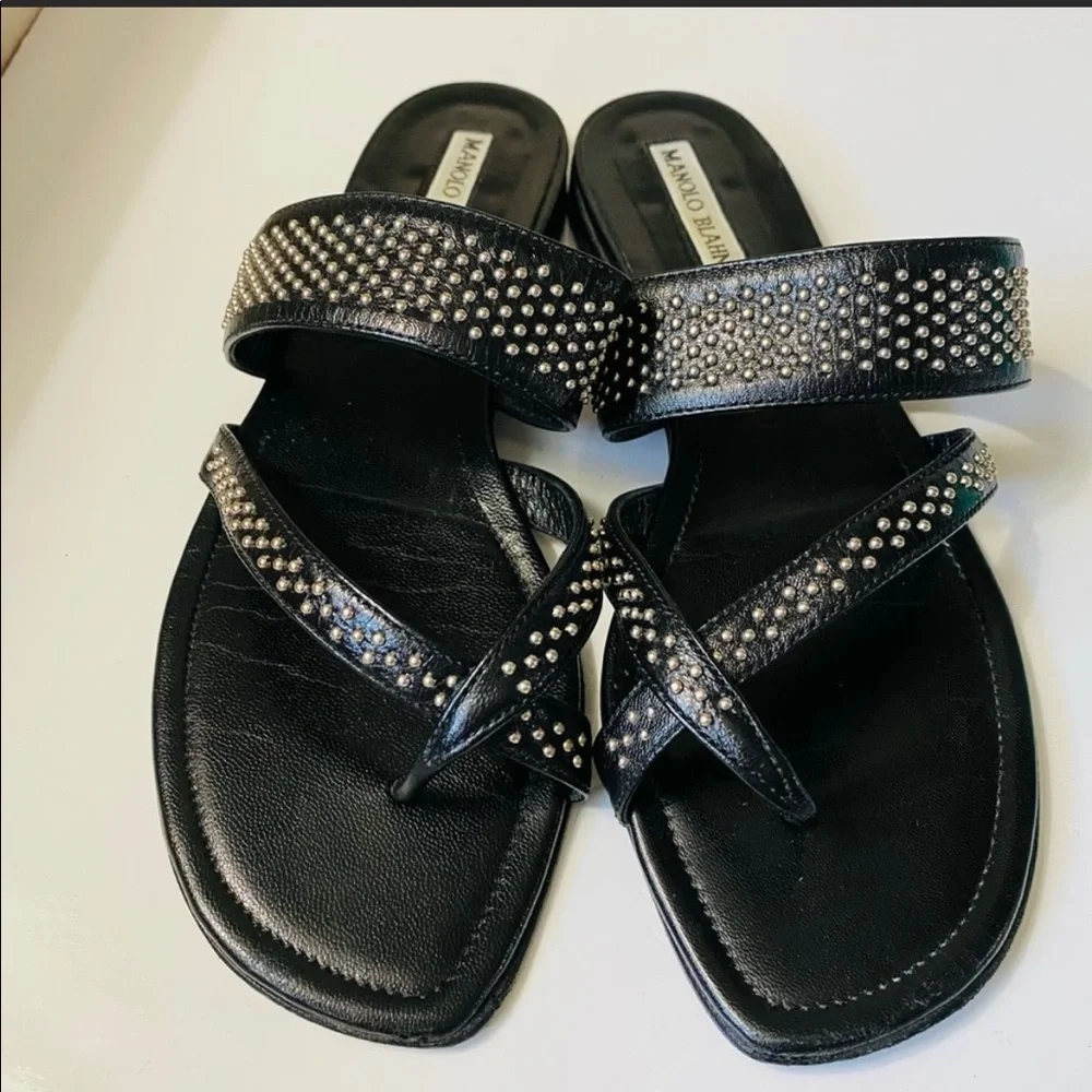 SOLD  Manolo Blahnik Susa Black Sandals Flats 38 - Picture 5 of 9
